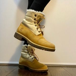 tan timberlands faux fur fold-down boots
